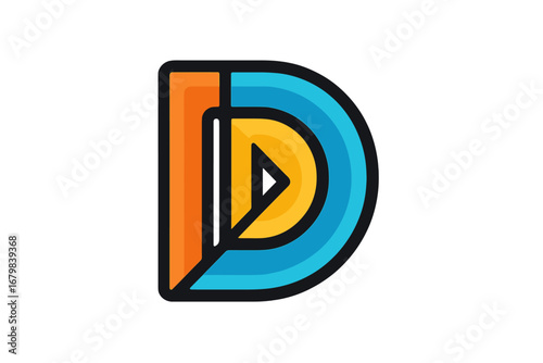 Letter D logo with play button icon. Modern, colorful media player symbol. Vector graphic for digital, video, audio, and multimedia branding. Corporate identity design element.