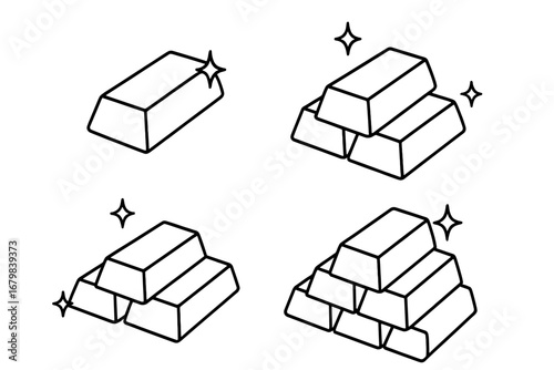 Gold bars and bullion stacks vector icon set. Line art illustration for finance, investment, and banking concepts. Shiny precious metal ingots symbolize wealth, savings, and treasure.