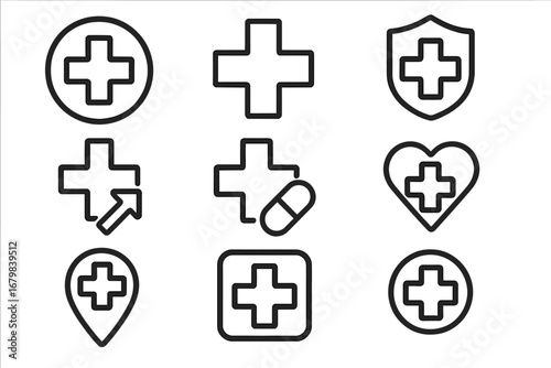 Set of medical cross line icons. Healthcare plus sign vector collection. First aid, hospital, pharmacy outline symbols. Health insurance, clinic location, and heart care pictograms.