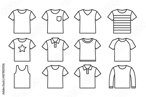 Thin Line T-Shirt Icons Collection, Editable Outline Stroke, Vector Set of Minimalist Shirt, Polo, Tank Top, Long Sleeve and Graphic Designs for Web, Apps, Books, Cards, Transparent Background