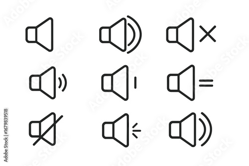 Speaker icon set. Sound volume line icons for web and mobile app user interface. Mute, unmute, sound on and off symbols. Audio player pictogram collection. Megaphone signs.