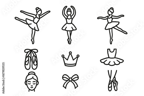 Ballet and dance line icon set. Graceful ballerina silhouettes, pointe shoes, tutu dress, and crown symbols. Elegant outline vector graphics for dance school or performance.