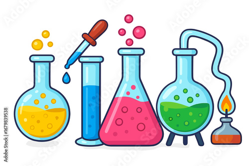 Science chemical laboratory glassware vector illustration. Lab equipment for chemistry experiment with liquid in flask, test tube. Research reaction concept cartoon set symbol.