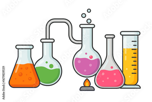 Chemistry laboratory experiment with glassware. Chemical reaction in flasks with colorful liquid. Science research, analysis and discovery concept. Vector cartoon illustration.