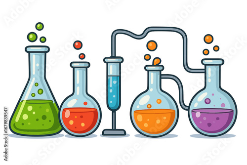Chemistry lab glassware vector cartoon set. Science experiment with colorful bubbling liquids in flasks and test tubes. Chemical reaction, research, discovery, education concept.