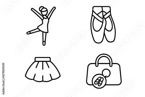 Ballet icons. Dancer, pointe shoes, tutu, dance bag. Vector line art symbol set. Concept for classical dance school, ballerina performance, lesson, fitness, hobby. Isolated.