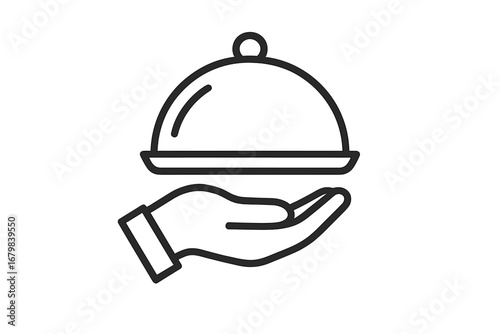 Minimalistic Line Art Serving Platter Icon, Waiter Hand Holding Restaurant Cloche Dome, Elegant Service Symbol for Web, App UI, Menu, Banner, Hospitality, Social Media, Card, Brochure Design