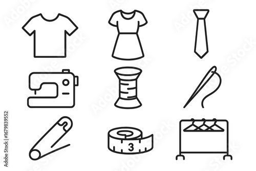 Sewing and tailoring line icon collection. Garment industry and fashion design vector symbols. T-shirt, dress, tie, sewing machine, thread, needle, tape, pin, hanger.