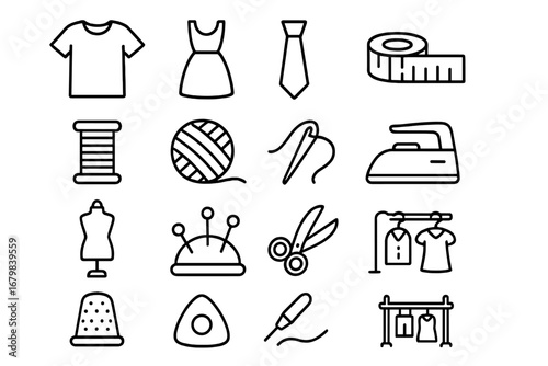 Sewing and tailoring line icon set. Dressmaking, fashion design, and needlework symbols. Garment and clothes concept. Editable stroke vector illustration for web and apps.