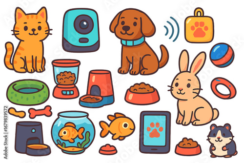 Pet technology vector icon set. Smart gadgets for domestic animals care. Cartoon cat, dog, hamster, fish, rabbit. Automatic feeder, pet camera, GPS tracker, toys illustration.