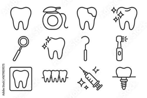 Dentistry line icon set. Dental care outline symbols for web design. Tooth, floss, caries, cleaning, whitening, x-ray, implant, syringe, anesthesia, dentist tools vector icons.