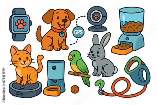 Pet technology vector icon set. Smart gadgets for animals. Cartoon dog, cat, parrot, rabbit. Automatic feeder, GPS tracker, pet camera, health watch, robot vacuum cleaner.