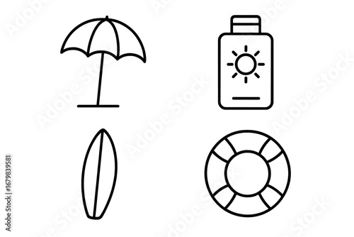 Beach icon set. Summer vacation collection. Umbrella, sunscreen, surfboard, lifebuoy. Simple thin line art vector. Sun protection, water safety, travel, holiday concept.