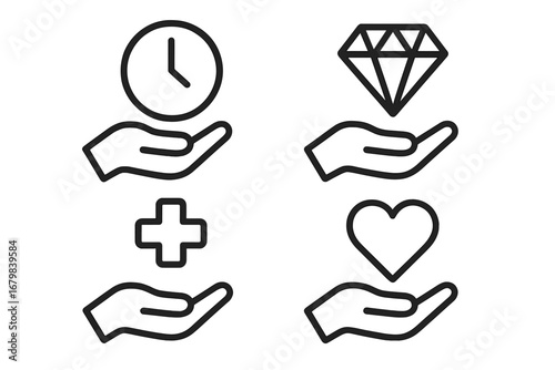 Hand Holding Icons Collection–Line Art Symbols of Time, Wealth, Health, Love Care, Protection, Giving, Safety, Insurance, Support, Medical Assistance, Trust Isolated on White for Web, Apps, Ads