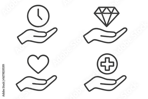 Lineart Hand Symbol Icons Set – Time Management, Wealth, Health, Love Concepts. Modern Outline Vector for Web, Apps, Business, Charity Campaigns, Wellness Programs, User Interface Design.