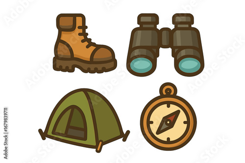 Outdoor camping and hiking gear icon set. Vector collection with boot, binoculars, tent, compass. Concept for adventure, travel, exploration, tourism, and survival clipart.