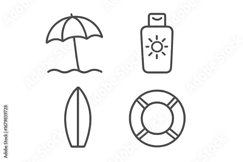 Summer beach icon set. Thin line art collection with umbrella, sunscreen, surfboard, lifebuoy. Vector outline symbols for vacation, travel, sun protection, safety, web, app.