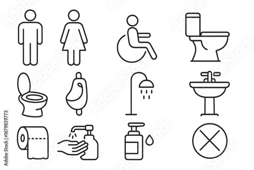 Bathroom and Restroom Line Icons Collection. Thin Stroke Washroom, WC, Toilet, Urinal, Sink, Shower, Toilet Paper, Hand Washing, Soap, Disabled Access. Editable Vector for Apps, Web, Signs