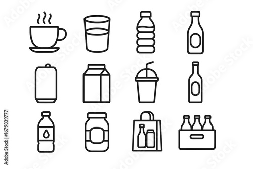 Beverage and packaging line icon set. Simple minimalist collection of drink container symbols like bottle, can, cup, carton. Vector outline icons for food, drink, and grocery.