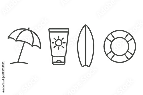 Beach vacation thin line icon set. Summer holiday symbols. Vector outline graphic of umbrella, sunscreen, surfboard, lifebuoy. Sun protection, water safety, travel concept.