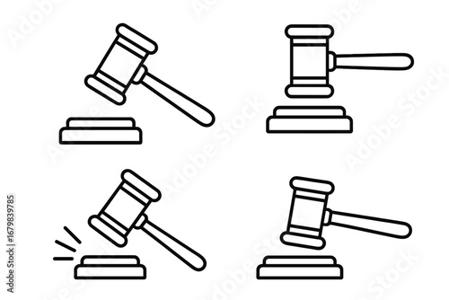 Judge gavel and sound block line icon set. Justice, law and auction symbol. Court hammer for verdict, judgment or sale. Legal legislation authority vector illustration.