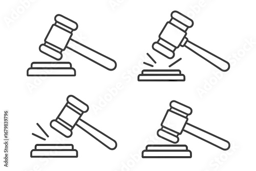 Judicial gavel icon collection. Simple outline vector of a judge's hammer for court, law, and auction concepts. Symbol of justice, verdict, judgement, and legal authority.