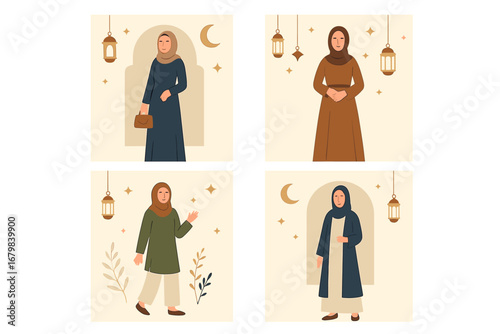 Set of Ramadan fashion social media posts. Vector cartoon illustration of Muslim women wearing modern hijab and modest dress. Islamic holiday, Eid Mubarak celebration design template.