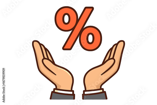 Hands holding percent sign. Concept of discount, sale, offer, commission, interest rate. Finance, business, banking vector illustration for web. Bonus, savings, credit.