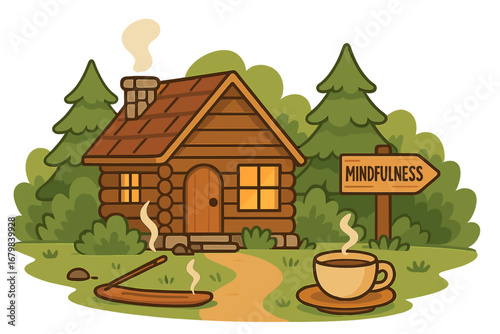 Mindfulness retreat concept vector. Cozy log cabin in serene forest. Path to mental health, wellbeing. Relax with tea, incense. Calm nature escape for peace, meditation.