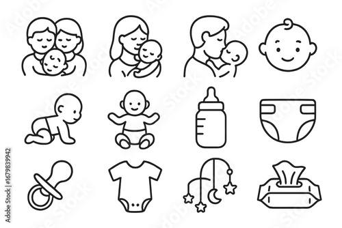 Baby Care Line Icons Set. Parenting, Newborn Essentials, Family, Mother and Father with Infant, Diaper, Pacifier, Bottle, Wipes, Onesie, Mobile, Crawling and Sitting Baby Outline Vector