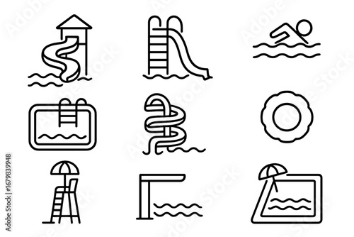 Water park and swimming pool outline icon set, aquapark slides, lifeguard, swimmer, pool float, diving board, wave, summer recreation, vector design for web, app, advertising, leisure