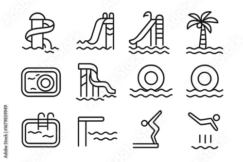 Water park and swimming pool outline icon set. Aquapark slides, diving, inflatable rings, palm tree, pool elements. Thin line vector symbols for summer recreation, web, app, graphic design