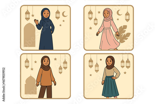 Set of Ramadan fashion social media posts. Vector cartoon illustration of Muslim woman in hijab. Islamic culture celebration. Modest clothing for Eid Mubarak greeting card design.