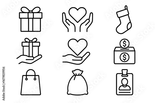 Gift charity holiday business present icons set. Outline signs for web design, apps, advertising, greeting cards. Linear vector symbols for donation, shopping, giving, love, finance, community aid.