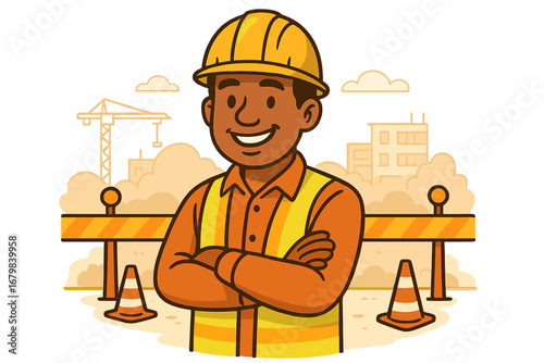 Smiling construction worker in hard hat and safety vest. Confident builder or engineer at building site. Professional foreman character. Labor industry. Vector cartoon.