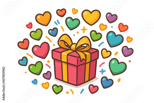 Gift box with colorful hearts. Concept of love, charity, donation. Celebration for special occasions, birthday, valentines day. Festive party surprise. Vector cartoon isolated.