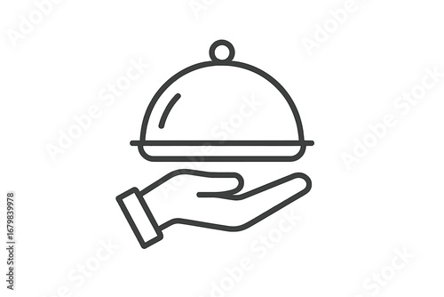 Hand holding serving platter with cloche. Food delivery service icon. Restaurant catering concept. Waiter serving a meal. Gourmet kitchen symbol for web, apps and graphic design.