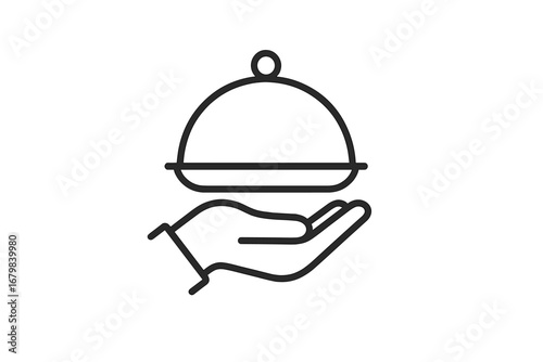 Hand holding serving tray with cloche line icon. Food delivery, room service concept. Restaurant, catering, hospitality symbol for web, apps and graphic design. Vector illustration.