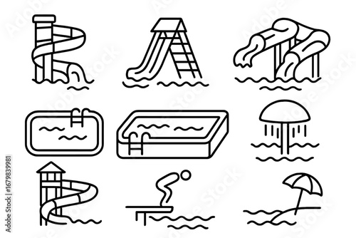 Aquapark Water Park Swimming Pool Line Icon Set. Outline Symbols of Slides, Pools, Diving Board, Water Attractions, Beach Umbrella, and Fountains for Graphic Design, Web, Apps, Advertisement