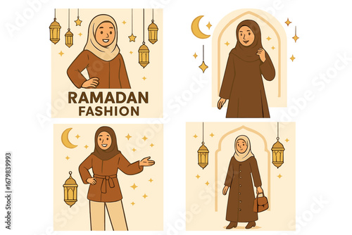 Ramadan fashion social media post collection. Set of cartoon Muslim women in hijab and traditional modest clothes. Islamic holiday banner with lanterns, crescent moon and stars.