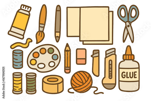 Vector collection of art and craft supplies for creative projects. School stationery, DIY tools set. Paint, brush, scissors, glue, paper for handmade hobby. Cartoon illustration.