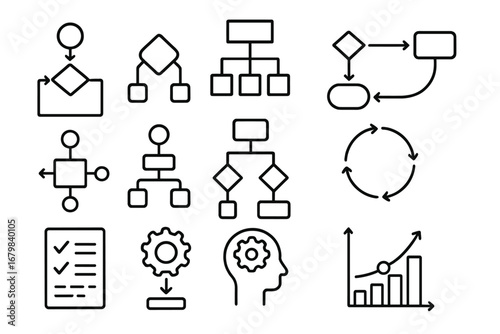 Flowchart and process management line icon set. Business workflow, algorithm, and data analysis vector symbols. Editable stroke infographic elements for corporate structure.