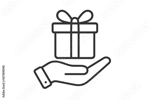 Hand holding gift box line icon. Giving a present vector illustration. Concept for charity, donation, surprise, bonus or loyalty program reward. Generosity and support symbol.
