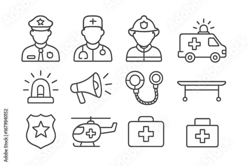 Emergency service icons representing police officers, paramedics, firemen, and healthcare equipment in a clear layout