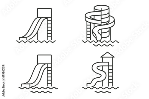 Water slide icons set thin linear style. Collection of outline aquatic play equipment symbols. Editable stroke vector illustration. Swimming pool slides for web, app, cards, summer design