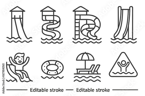 Waterpark icon set. Waterslide, pool float, sunbed, kid on waterslide, summer swimming, amusement park, resort vacation, splash ride, safety, leisure, aquatic recreation, editable stroke vector