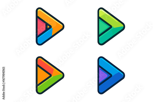 Set of colorful triangle arrow logo designs. Modern play button icon collection for branding. Abstract vector graphic element for media, technology, or startup business identity.
