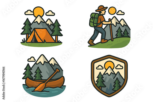 Set of vintage outdoor adventure badges. Hiker, camping tent, and canoe in mountains. Retro exploring emblem logo collection. Vector cartoon illustration for nature lovers.