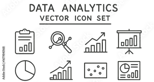 Data analytics vector icons showcasing various statistical elements and graphs in a minimalist design style