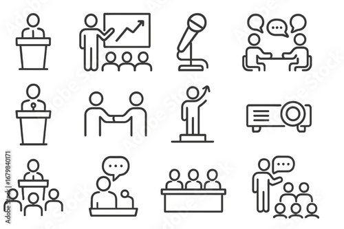 Various representations of public speaking, teamwork, and presentations in educational and professional settings